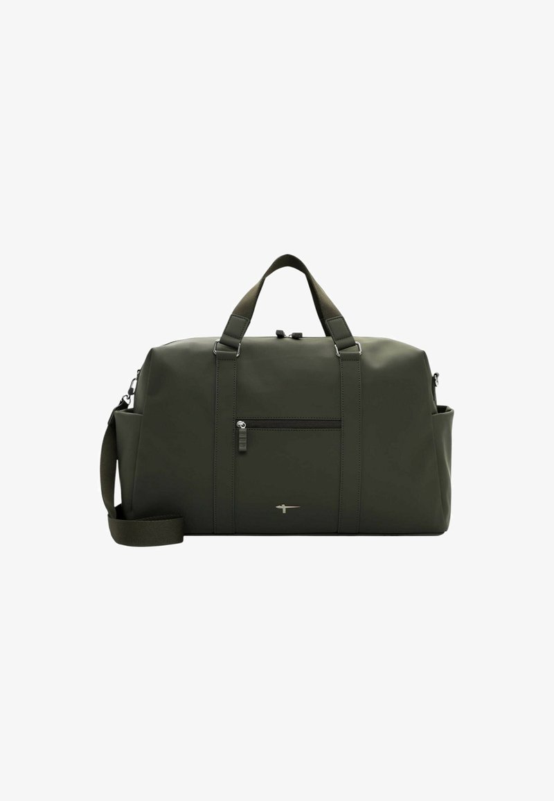 Oliven grøn duffel taske lavet af slidstærk nylon. Udstyret med top-håndtag, justerbar skulderrem, front lynlås lomme og sølv logo akcent.