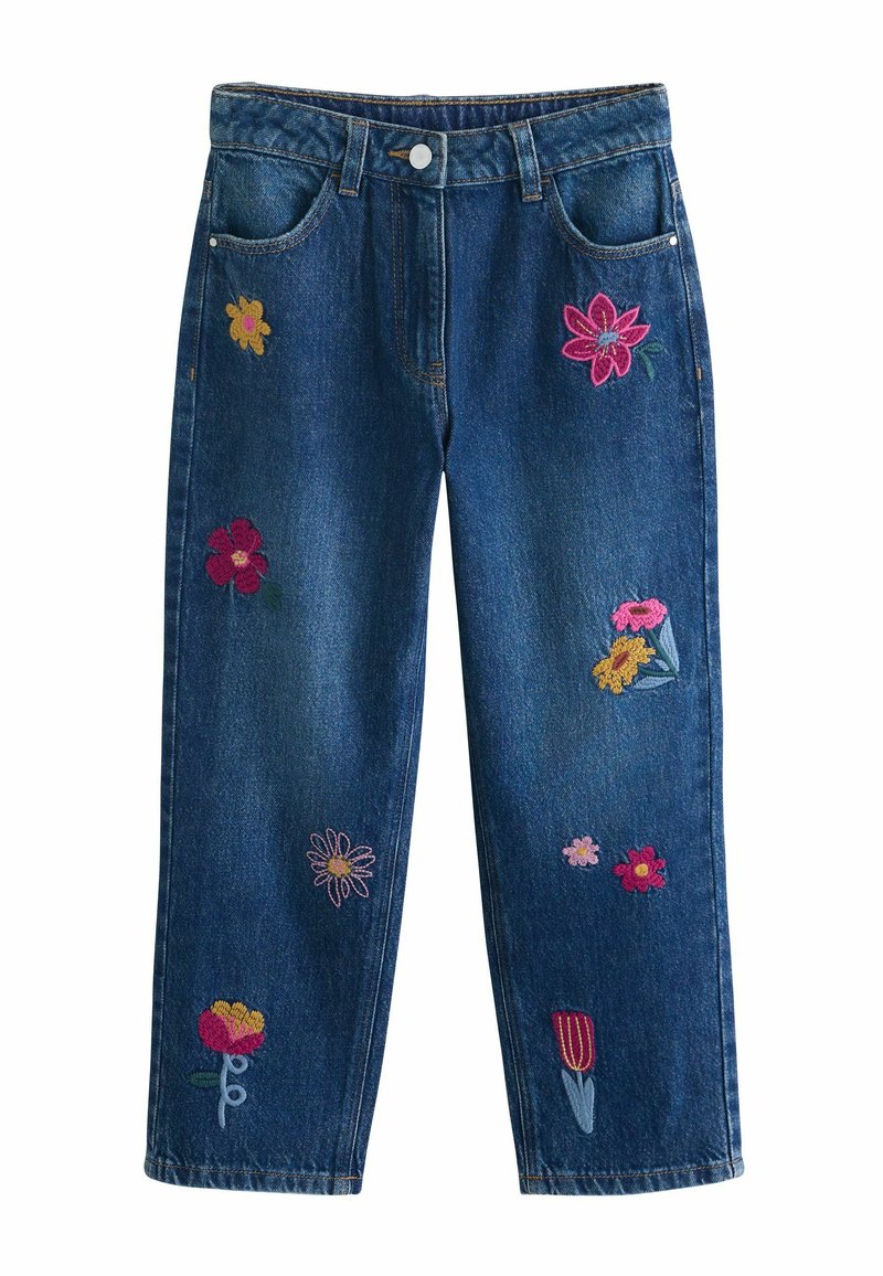 Jeans de mezclilla azul con bordado floral en rosa, amarillo y rojo. Cuentan con cierre de botón, bolsillos y un diseño de pierna recta.