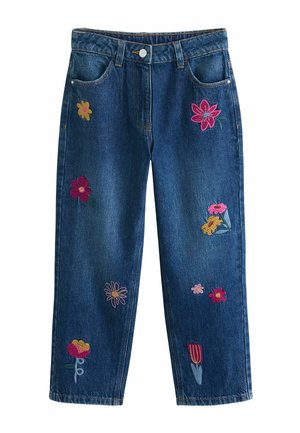 Jeans de mezclilla azul con bordado floral en rosa, amarillo y rojo. Cuentan con cierre de botón, bolsillos y un diseño de pierna recta.