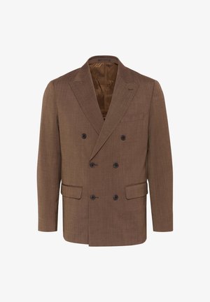 Brauner doppelt gefütterter Blazer aus strukturiertem Stoff, mit schwarzen Knöpfen, zwei vorderen Taschen und einem eleganten Innenfutter.