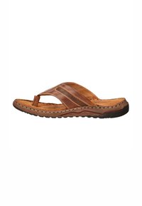 Brown leather flip-flop sandal with cross straps, textured footbed, and contrasting stitching; rubber sole with grip pattern.