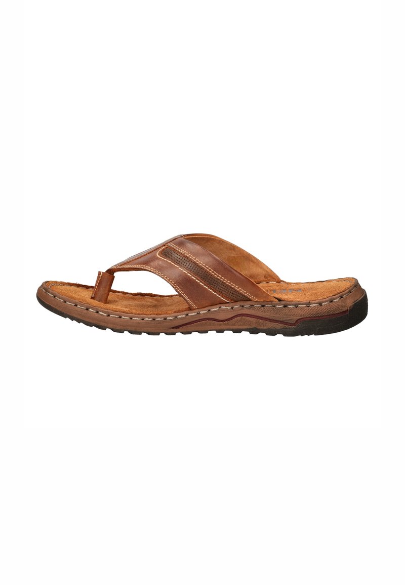 Brown leather flip-flop sandal with cross straps, textured footbed, and contrasting stitching; rubber sole with grip pattern.