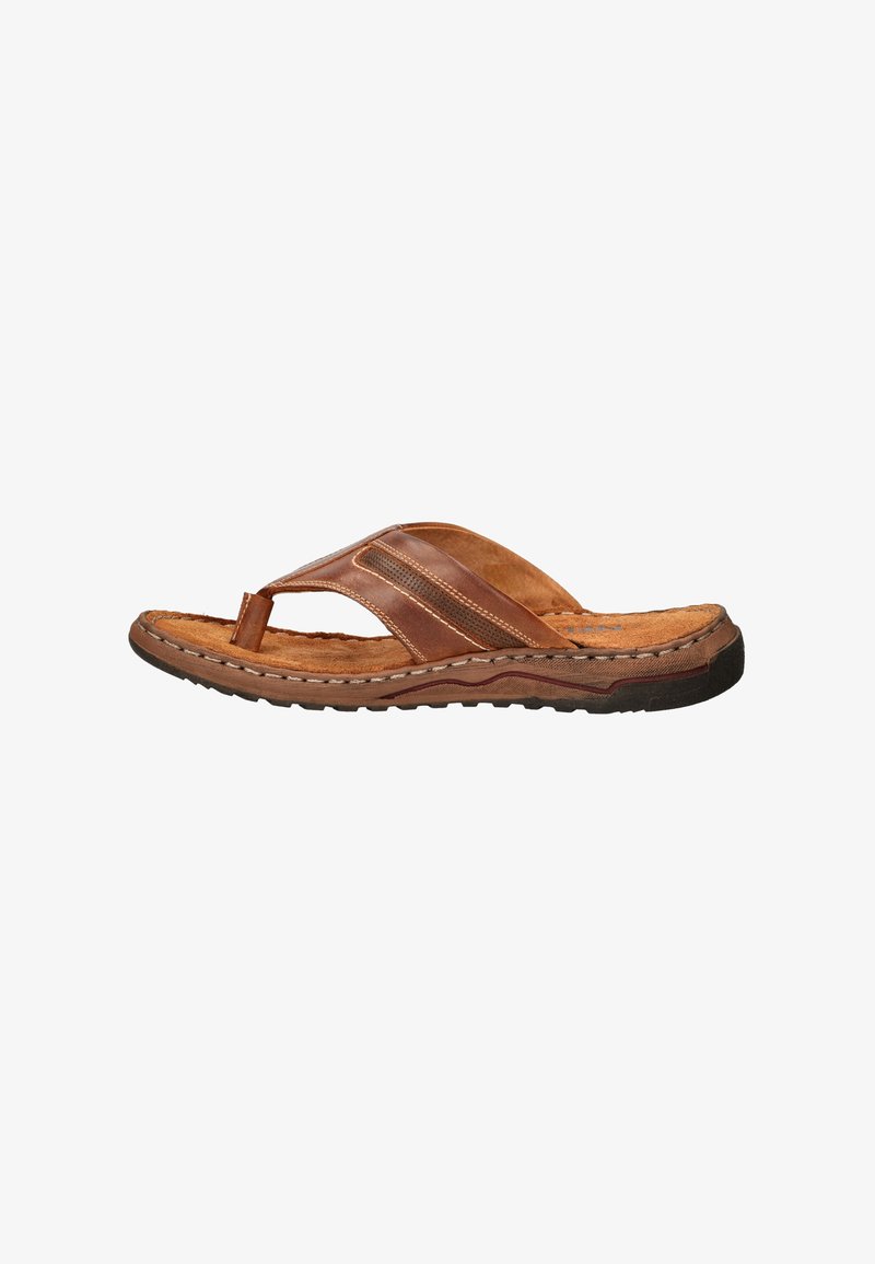 Brown leather flip-flop sandal with cross straps, textured footbed, and contrasting stitching; rubber sole with grip pattern.