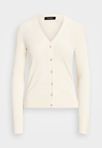 Cremefärgad V-ringad cardigan med lång ärm och sju knappslutningar i fronten. Slät textur, figursydd design, med subtila ribbade detaljer vid ärmslut och nederkant.