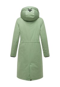 Green, knee-length coat with a hood, featuring long sleeves and a cinched waist. Smooth texture with minimalistic design and no visible hardware.