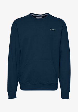 Marineblauwe sweatshirt van zacht katoen, met een ronde hals, geribbelde manchetten, een voorzak met kangoeroe-vorm en een subtiele "BLEND" logo-accent.