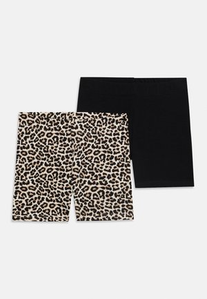 Two pairs of mid-thigh biker shorts, one solid black and one with beige and black leopard print pattern.
