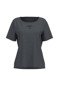 Szary t-shirt z krótkim rękawem, o okrągłym dekolcie i gładkiej fakturze. Na środku przodu znajduje się mały czarny wzór.