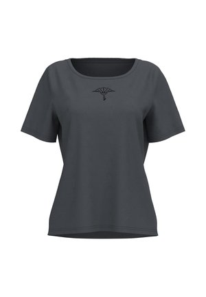 Grijs T-shirt met korte mouwen, een ronde halslijn en een gladde textuur. Heeft een klein zwart ontwerp in het midden aan de voorkant.