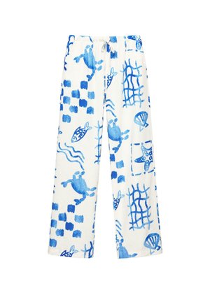 Pantalon blanc à cordon avec des imprimés bleus sur le thème de la mer incluant crabes, poissons, étoiles de mer, coquillages et motifs abstraits.