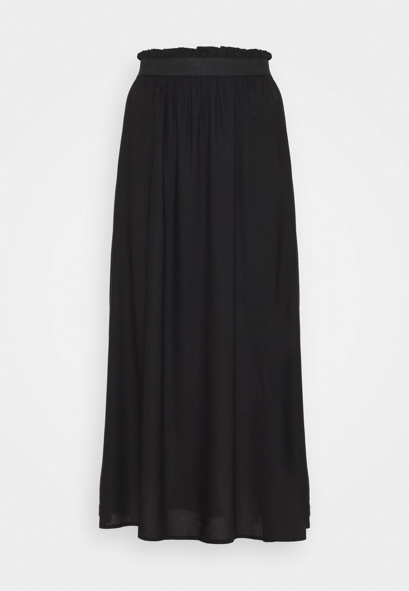 Jupe longue noire avec taille froncée et léger détail de volant en haut, silhouette évasée en A, sans motifs ni ornements.
