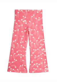 Pantalones anchos rosa con patrones de estrellas fugaces blancas y arcoíris por todas partes, con una cintura elástica.