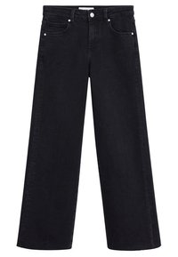 Schwarze Jeans mit weitem Bein und hoher Taille, ausgestattet mit fünf Taschen und silbernen Beschlägen. Der Stoff hat eine glatte Textur und leichte Dehnbarkeit.