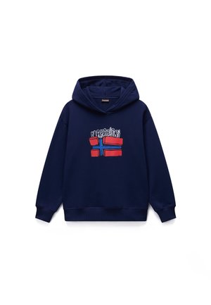 Sweat à capuche bleu marine avec un graphique frontal du drapeau norvégien en rouge et bleu, doté d'une capuche à cordon et de poignets et ourlet côtelés.