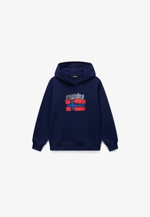 Marineblauwe hoodie met een voorkantgrafiek van een Noorse vlag in rood en blauw, voorzien van een capuchon met trekkoord en geribbelde boorden en zoom.