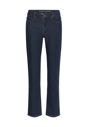 Jean en denim droit bleu foncé avec poches avant, passants de ceinture et fermeture à bouton.