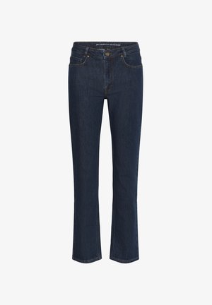 Dunkelblaue gerade geschnittene Jeans mit Fronttaschen, Gürtelschlaufen und Knopfverschluss.