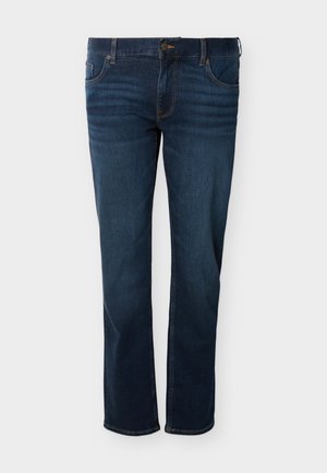 Mørkeblå straight-leg denimjeans med fem lommer, knaplukning og synlige orange syninger.