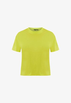 T-shirt en coton jaune vif avec des manches courtes et un col rond. Texture lisse, un design simple sans motifs ni accents.