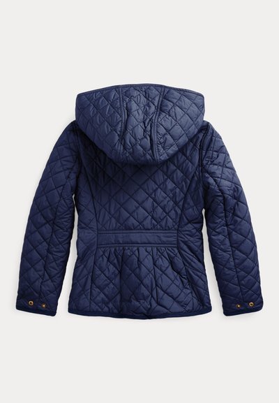 Marineblå quilted jakke med hette, som har diamantmønstre, elastisk midje og knappdetaljer på ermene. Glatt, syntetisk materiale.