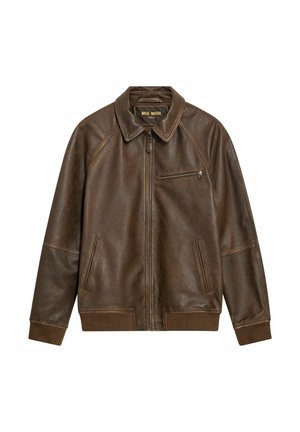 Brown leather jacket with front zipper, a zipped chest pocket, two side pockets, a collar, and ribbed cuffs and hem.