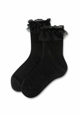 Pair of black ankle socks with lace and ruffle trim at the top, displayed on a white background.