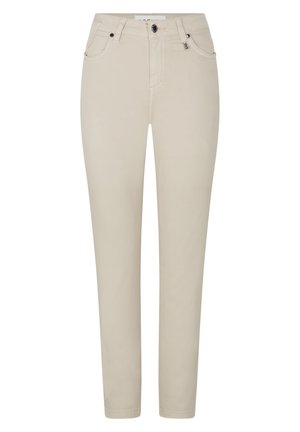 Beige slim-fit bukser med forlommer, bæltestropper og knaplukning.