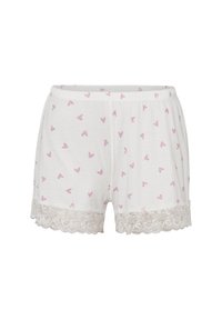 Weiße Baumwoll-Schlafshorts mit einem rosa Herzmuster, verziert mit einem gewellten Spitzenrand am Saum für zusätzliche Details. Elastischer Bund.