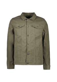 Groene katoenen jas met een kraag, knoopsluiting aan de voorkant, twee borstzakken en een licht gestructureerde afwerking.