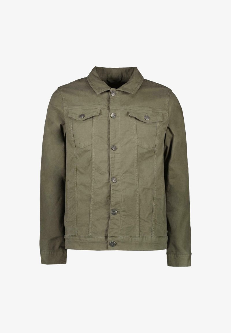 Groene katoenen jas met een kraag, knoopsluiting aan de voorkant, twee borstzakken en een licht gestructureerde afwerking.