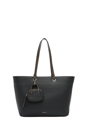 Schwarze Ledertasche mit braunen Griffen und einem kleinen angebrachtem Täschchen, silberfarbene Beschläge und sichtbare Nahtdetails.