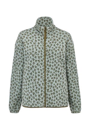 Hellblaue Fleecejacke mit grünem Blattmuster, Stehkragen, durchgehendem Frontreißverschluss und elastischen Bündchen.