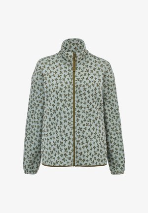 Hellblaue Fleecejacke mit grünem Blattmuster, Stehkragen, durchgehendem Frontreißverschluss und elastischen Bündchen.
