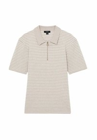 Beige lyhytnenkkinen polo-paita, jossa on edessä vetoketju ja hienovarainen raidallinen kuvio vaaleissa ja tummissa sävyissä. Kauluksellinen malli.