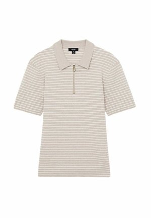 Beige short-sleeve polo shirt with a front zipper, featuring a subtle striped pattern in light and dark shades. Collared design.