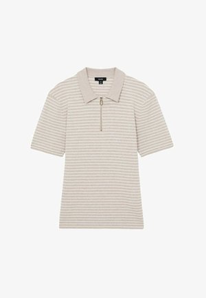Polo cu mânecă scurtă de culoare bej, cu fermoar frontal, având un model subtil cu dungi în nuanțe deschise și închise. Design cu guler.
