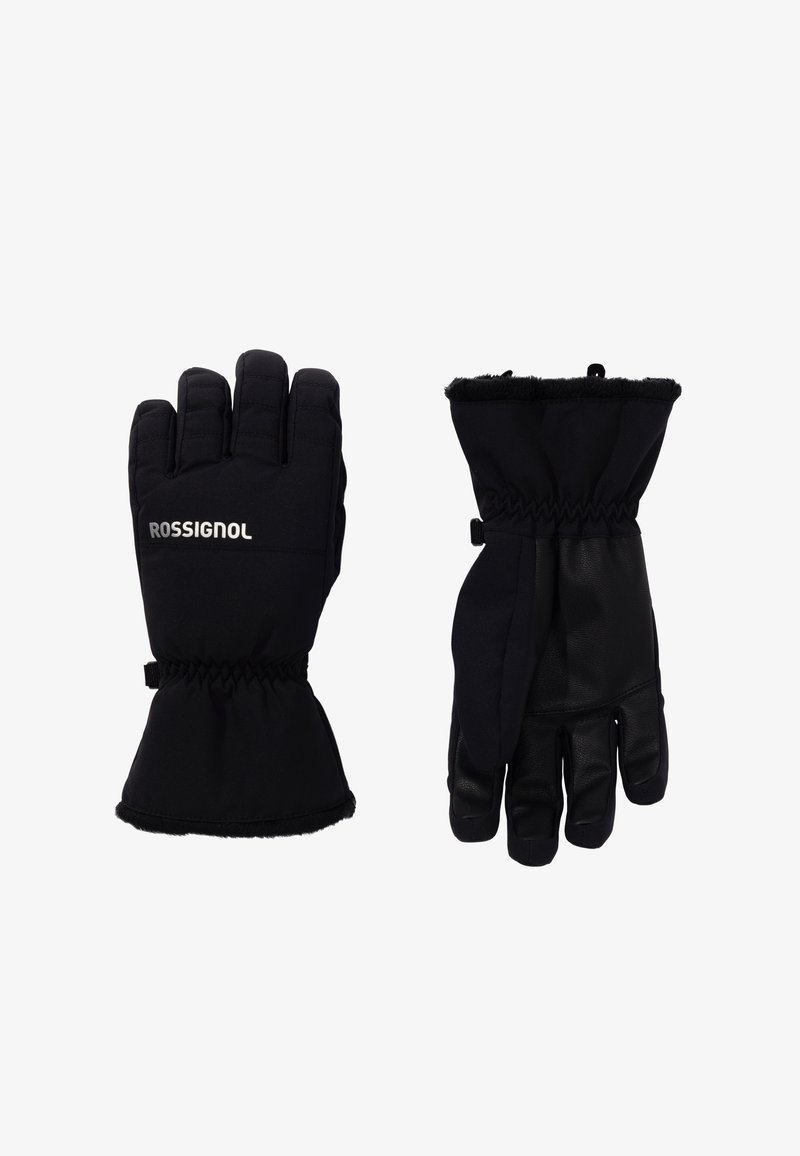 Czarne zimowe rękawice z wodoodporną powłoką, skórzaną dłonią i elastycznym mankietem. Cechują się ciepłym wyściółkiem i regulowanym zapięciem na nadgarstku.