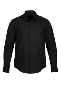 Camisa negra de manga larga con botones, hecha de algodón, con cuello puntiagudo, un bolsillo en el pecho y un ajuste estructurado. Textura suave y diseño clásico.