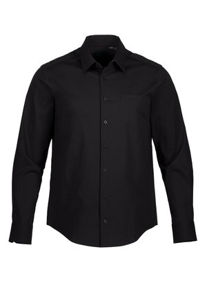 Camisa negra de manga larga con botones, hecha de algodón, con cuello puntiagudo, un bolsillo en el pecho y un ajuste estructurado. Textura suave y diseño clásico.