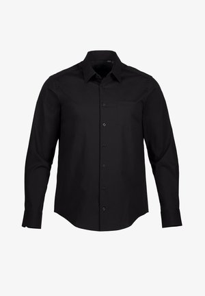 Camisa negra de manga larga con botones, hecha de algodón, con cuello puntiagudo, un bolsillo en el pecho y un ajuste estructurado. Textura suave y diseño clásico.