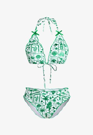 Ensemble de bikini vert et blanc comprenant un haut à col halter et un bas taille basse, orné de motifs sur le thème de l'océan et de liens.