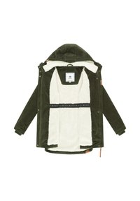 Olive green corduroy jacket with a faux fur lining, hood, and a label inside. Features button details and ribbed cuffs. Full front opening.