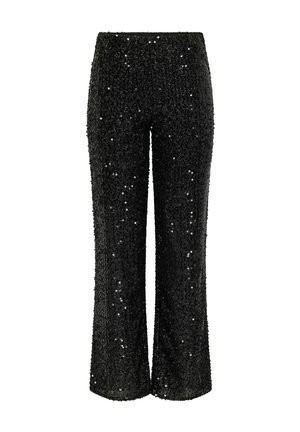 Pantalons noirs taille haute entièrement recouverts de petites sequins brillants, avec une coupe droite et sans fermetures ni poches visibles.