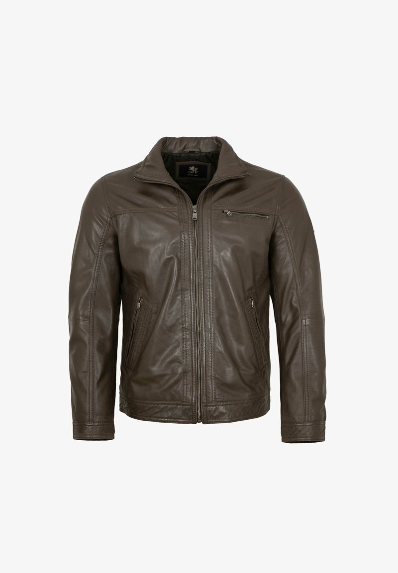 Braune Lederjacke mit hohem Kragen, Frontreißverschluss und zwei seitlichen Taschen. Verfügt über eine Brusttasche mit Reißverschluss und eine glatte Textur.