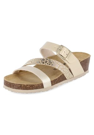 Sandale compensée beige avec semelle en liège, bride réglable à boucle et deux brides avant — une unie, une avec un imprimé animalier clair.
