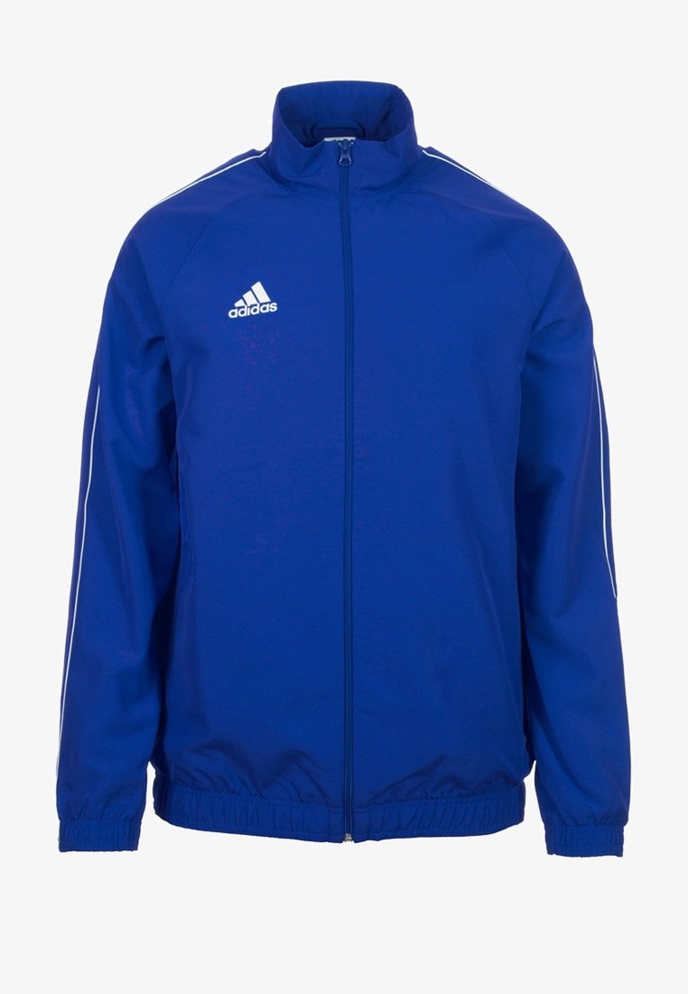 Blaue Jacke mit Stehkragen, durchgehendem Reißverschluss, elastischen Bündchen und Saum, weißem Logo auf der Brust und weißen Streifen entlang der Ärmel.