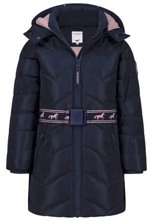 Manteau d’hiver matelassé bleu foncé pour enfant avec capuche et doublure rose, fermeture zippée et ceinture rose à motifs de chevaux à la taille.