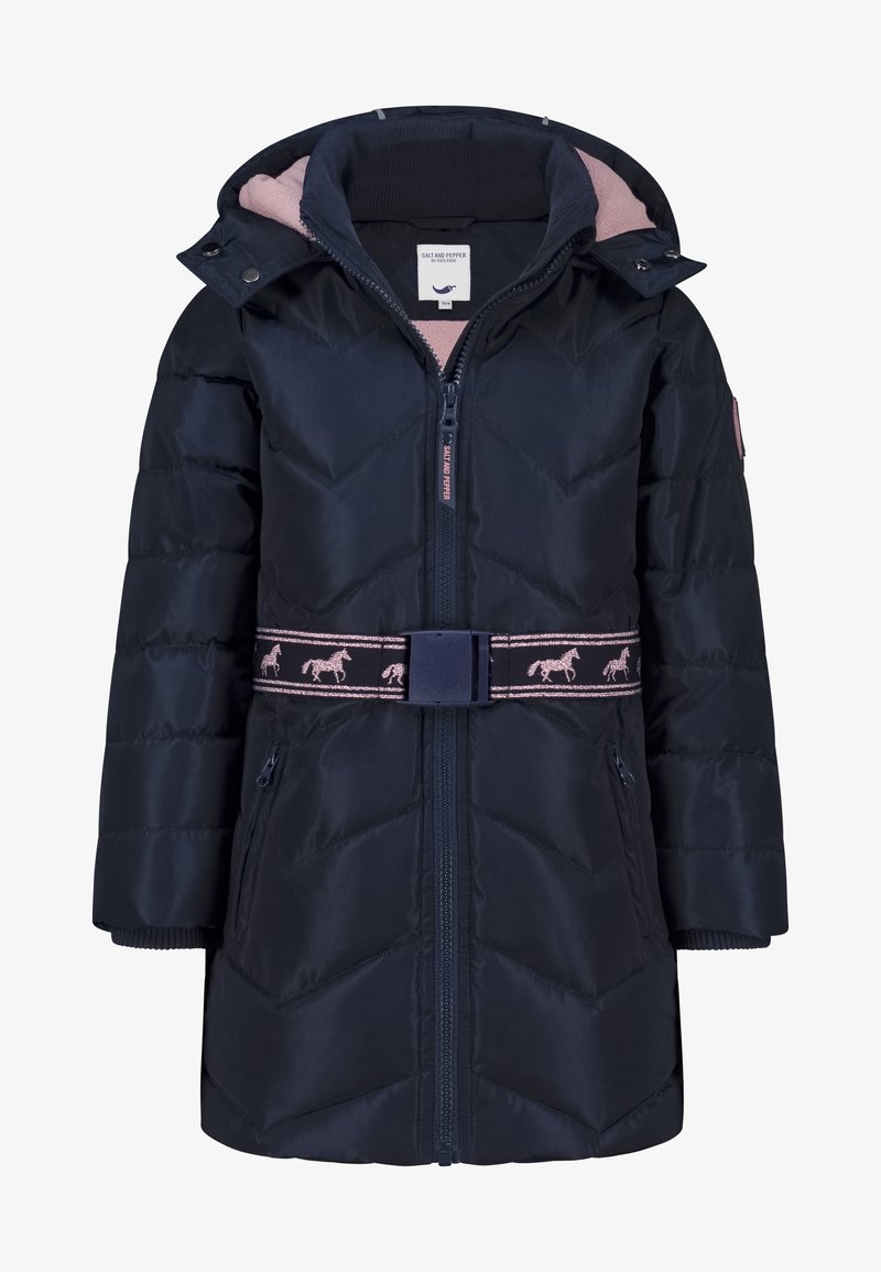 Manteau d’hiver matelassé bleu foncé pour enfant avec capuche et doublure rose, fermeture zippée et ceinture rose à motifs de chevaux à la taille.