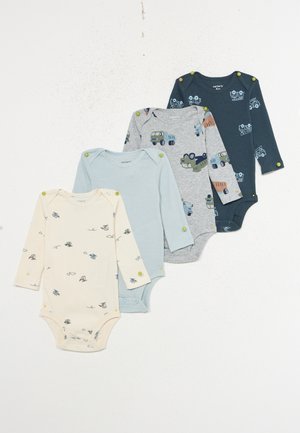 Four long-sleeve baby bodysuits in cream with helicopters, light blue stripes, gray with trucks, and dark blue with fire trucks.