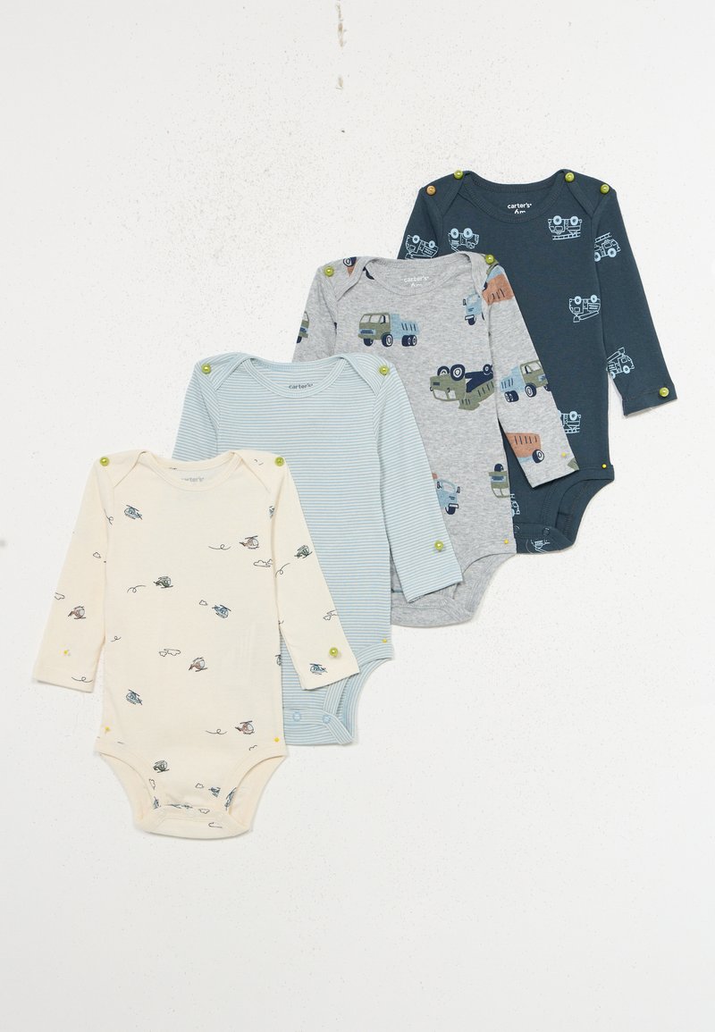 Cuatro bodies de bebé de manga larga en color crema con helicópteros, a rayas azul claro, gris con camiones y azul oscuro con camiones de bomberos.